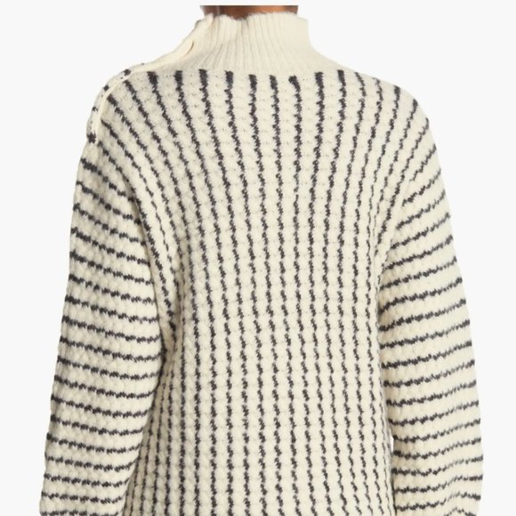 NWOT FRNCH - Stripe Button Cable Knit Turtleneck Sweater, oatmeal / M-L - Picture 2 of 7